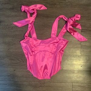 Hot pink satin corset top with tie sleeves